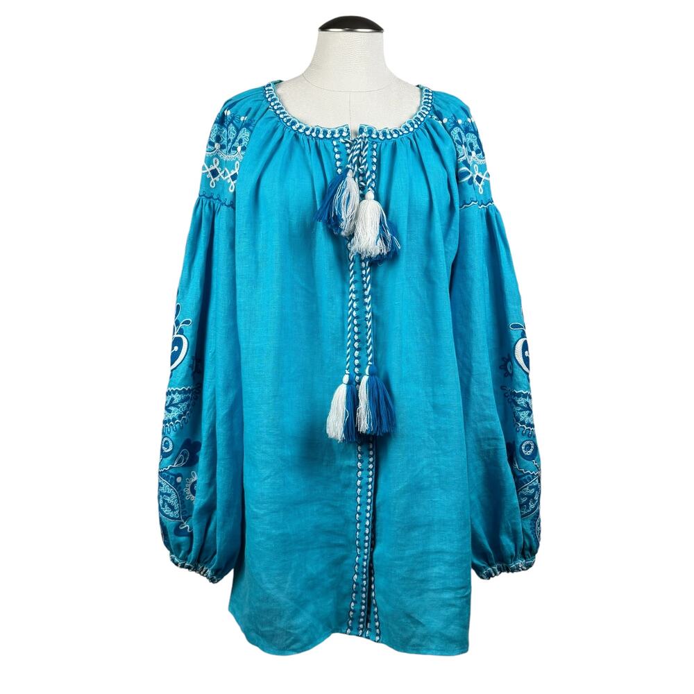 Women Alina Bogdanska Blue Blouse Embroidered Tassel Snap Front Oversize Top XL‎